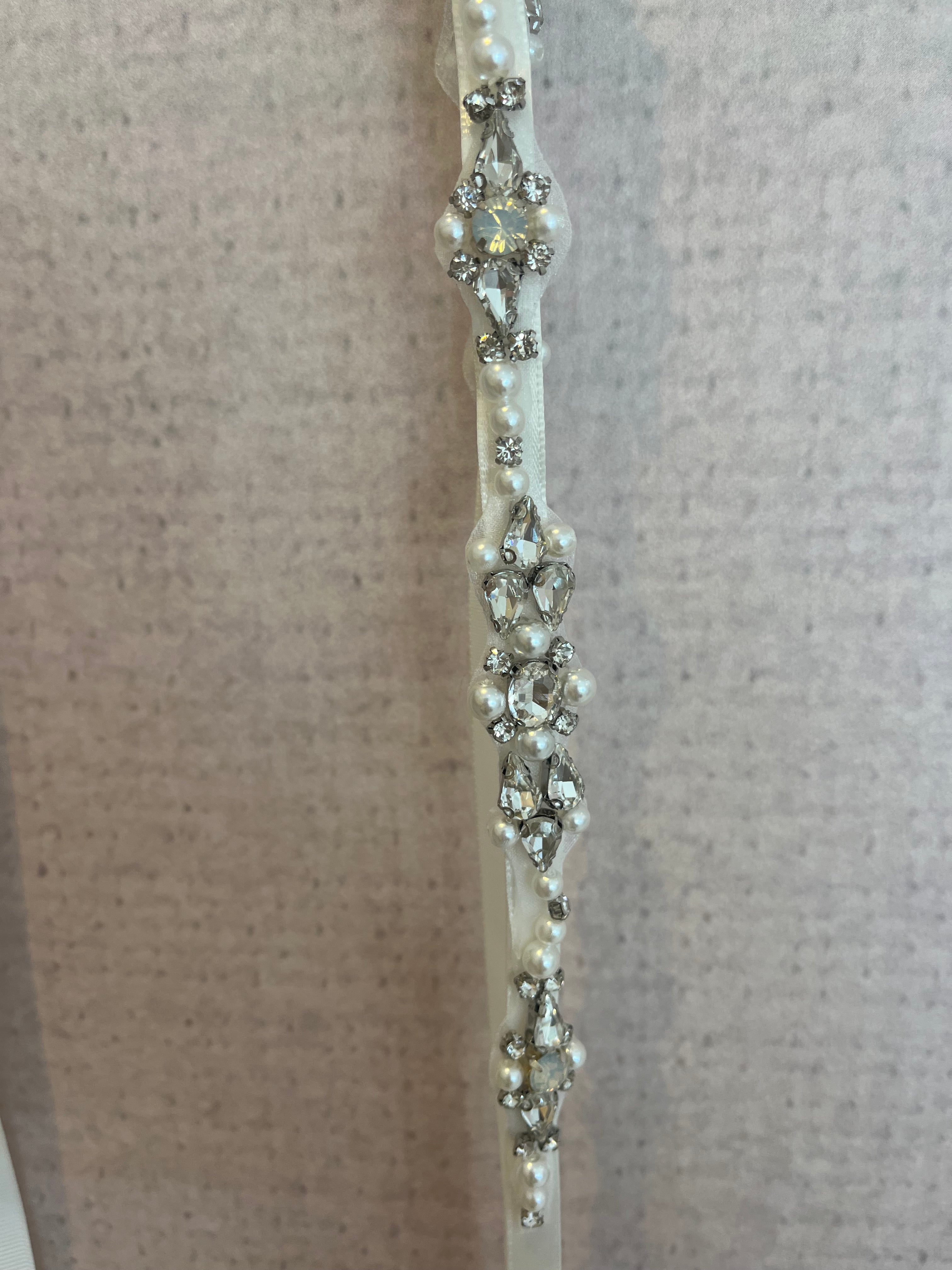 Skinny Beaded Bridal Belt Thin Ribbon Crystal/Pearl Sash Narrow