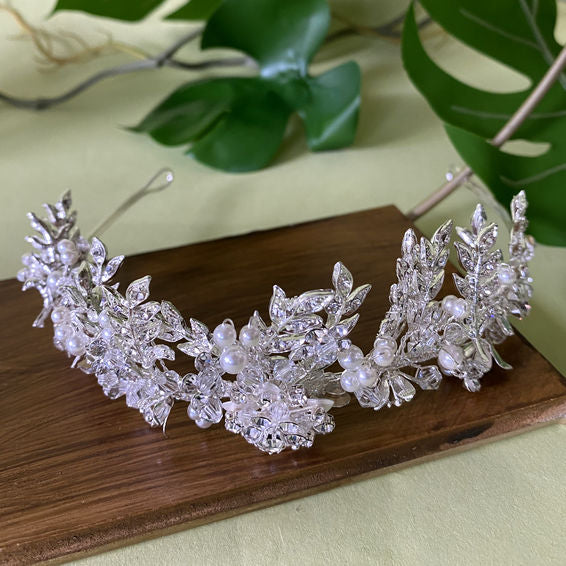 Diamanté & Soft Ivory Pearl Leaf Tiara