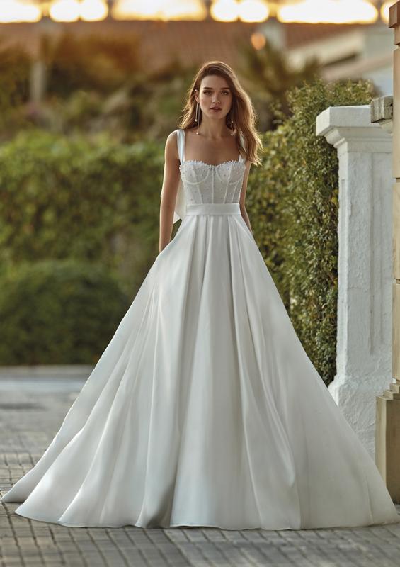 Sleeveless Satin Square Neck Mermaid Wedding Dress With Pearl Belt And  Overskirt | Kleinfeld Bridal